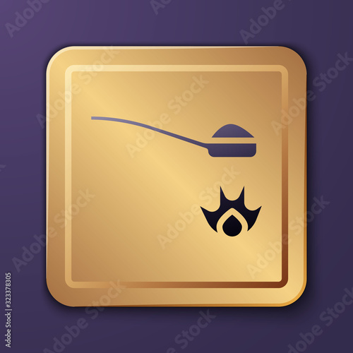 Purple Heroin in a spoon icon isolated on purple background. Concept of drug addiction and dependence from the narcotic. Junkie lifestyle. Gold square button. Vector Illustration