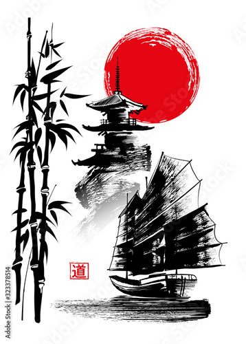 Canvas Print Sailing boat, Junk on the background of the pagoda and the rising sun