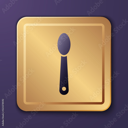 Purple Heroin in a spoon icon isolated on purple background. Concept of drug addiction and dependence from the narcotic. Junkie lifestyle. Gold square button. Vector Illustration
