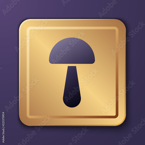 Purple Psilocybin mushroom icon isolated on purple background. Psychedelic hallucination. Gold square button. Vector Illustration