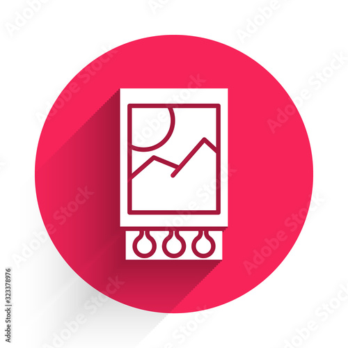 White Open matchbox and matches icon isolated with long shadow. Red circle button. Vector Illustration