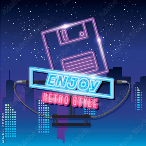 label of floppy nineties retro style of neon light design