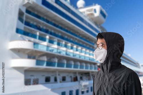 Photography Asian man wearing surgical mask to prevent flu disease Coronavirus with blurred