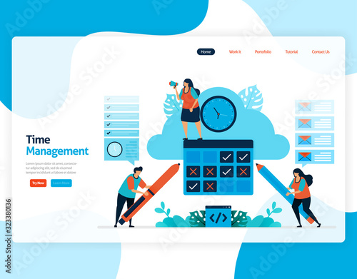 Landing page vector of time management and scheduling jobs project, Plan and manage work on time, Lack of time in business, Work with time. Illustration for website, mobile apps, homepage, flyer, card