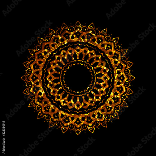 Ethnic Mandala Ornament with golden glitter texture. round. Arabic, Pakistan, Moroccan, Turkish, Indian, Spain motifs. chocolate and cream colors. Mandala with floral patterns. Yoga template. luxury