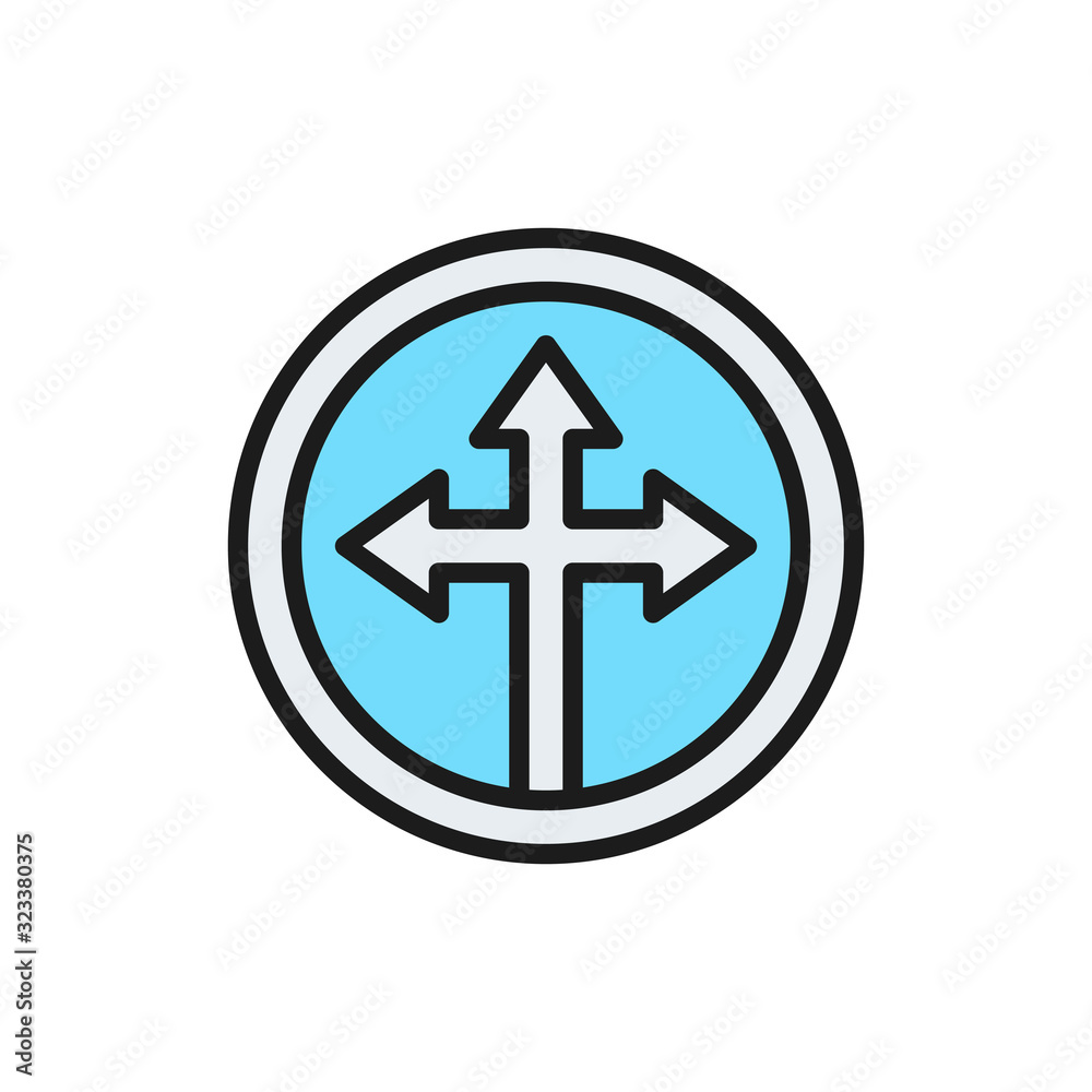 Arrow cross, three-way flat color line icon. Arrow cross, three-way flat color line icon.