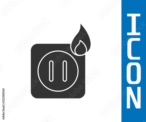 Grey Electric wiring of socket in fire icon isolated on white background. Electrical safety concept. Plug outlet on fire.  Vector Illustration