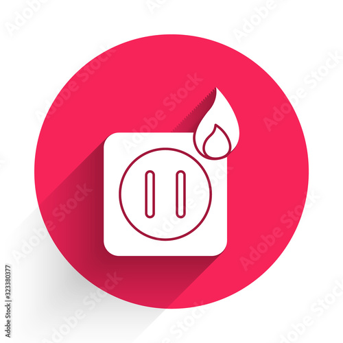 White Electric wiring of socket in fire icon isolated with long shadow. Electrical safety concept. Plug outlet on fire. Red circle button. Vector Illustration