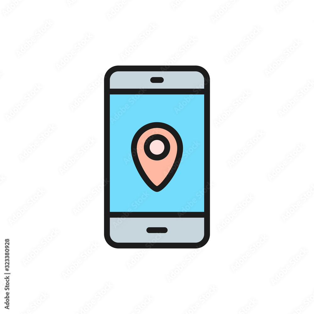 Smartphone with destination mark, gps navigations flat color line icon. Smartphone with destination mark, gps navigations flat color line icon.