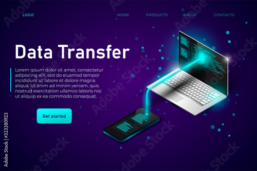 Data transfer from phone to desktop. Data files exchange isometric phone and laptop with connect line