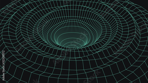 Wireframe 3D tunnel. Perspective grid background texture. Mesh wormhole model. Vector Illustration.