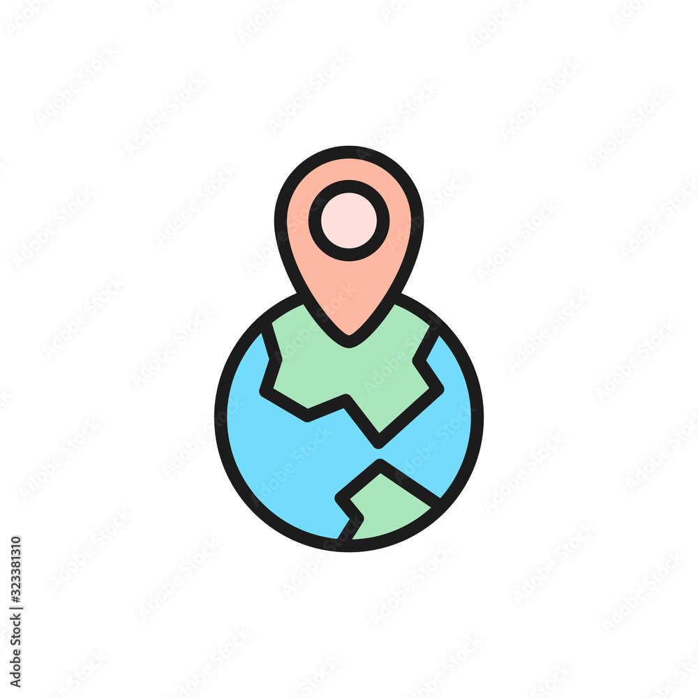Globe with destination mark, location pin on earth flat color line icon. Globe with destination mark, location pin on earth flat color line icon.