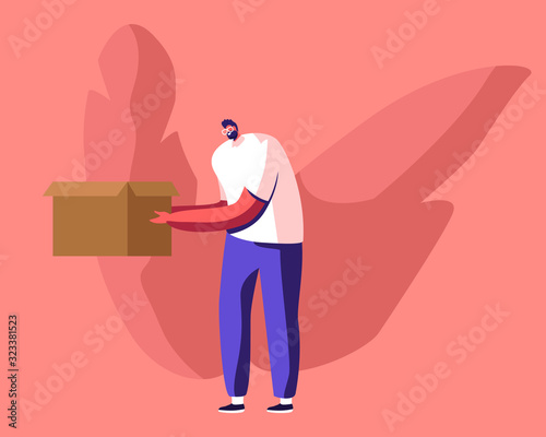 Wastepaper Recycling Solution Concept. Young Man Volunteer Carry Used Carton Box. Paper Waste Trash Recycle, Stop Pollution, Ecology Protection Problem, Eco Activist Cartoon Flat Vector Illustration
