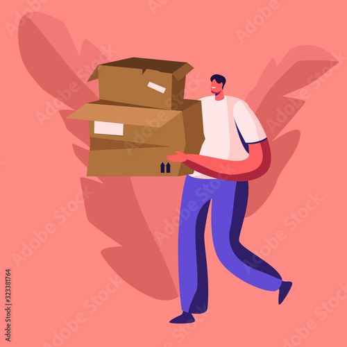 Young Man Volunteer Carry Pile of Old Used Carton Boxes. Paper Waste and Trash Recycle, Stop Pollution Concept Ecology Protection Problem Wastepaper Recycling Solution Cartoon Flat Vector Illustration