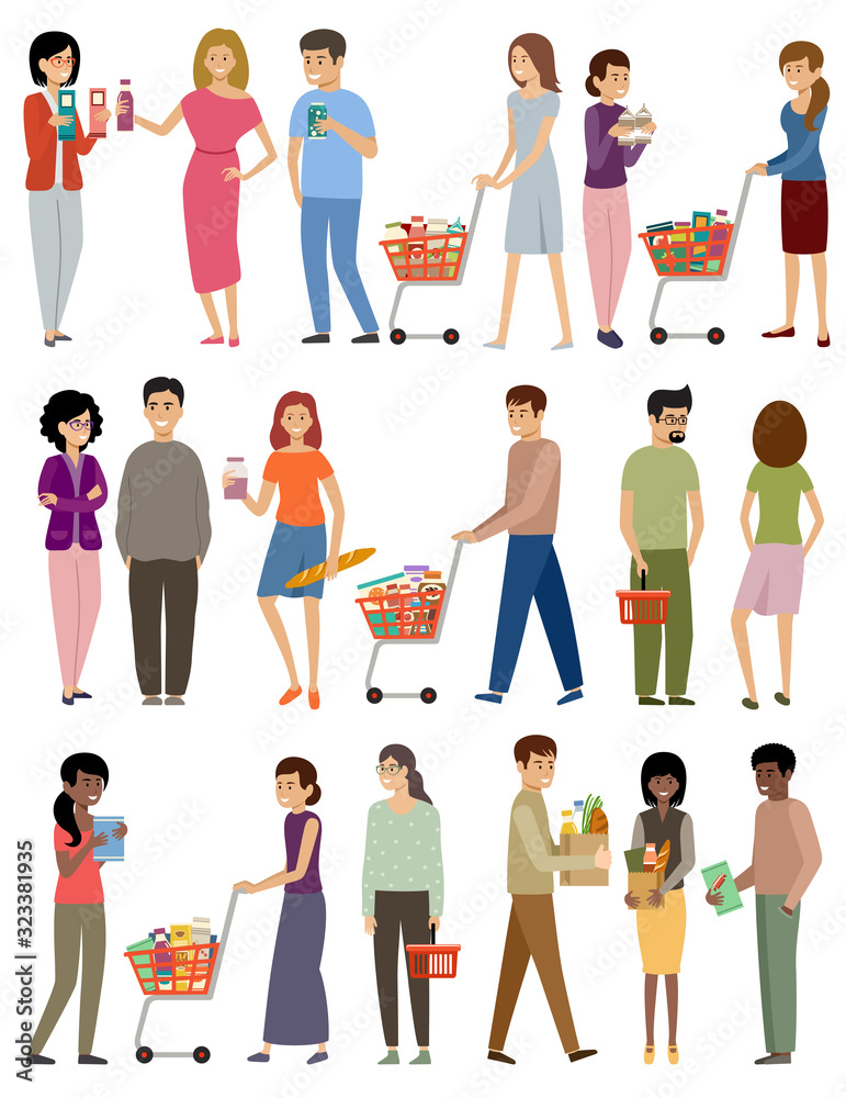 Fototapeta premium People with grocery baskets and trolleys on a white background