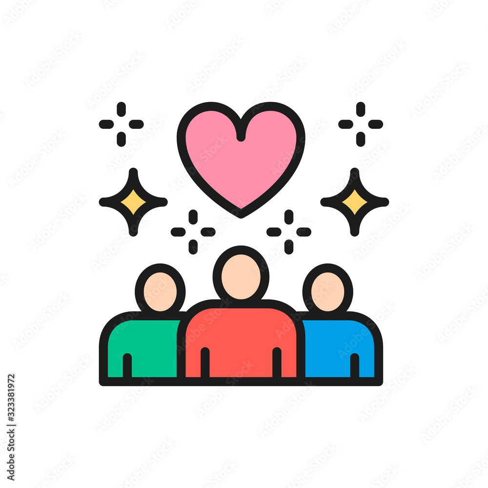 People with heart shape, donations, volunteering, friendly color line icon. People with heart shape, donations, volunteering, friendly color line icon.