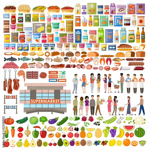Supermarket. Big store set. Vegetables, fruits, fish, meat, dairy products, people