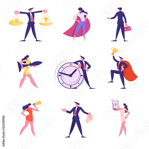 Set of Businesspeople Playing Chess, Holding Gold Scales with Dollar Coins, Male and Female Characters in Super Hero Cloak with Goblet Isolated on White Background Cartoon Flat Vector Illustration