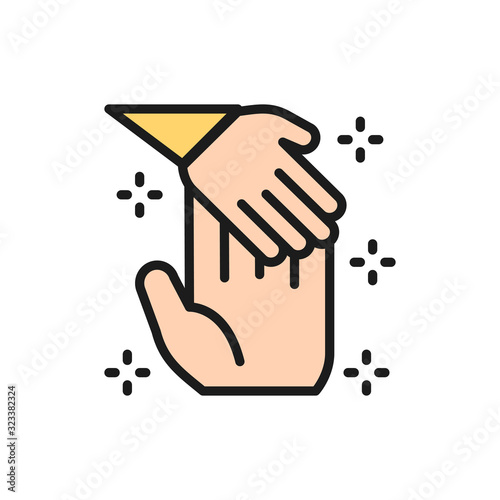 Child hand holds palm of man, donation to children flat color line icon.