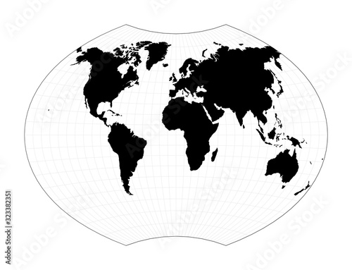 Abstract map of the world. Ginzburg VI projection. Plain world geographical map with graticule lines. Vector illustration.