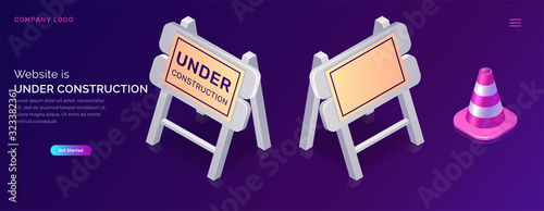 Website under construction, maintenance work or error page isometric concept vector illustration. Traffic cone and warning road traffic signs, purple ultraviolet web page banner