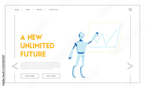 Futuristic Technology, Smart Device Automatization Artificial Intelligence Website Landing Page. Robot Working in Office Writing on Board Web Page Banner. Cartoon Flat Vector Illustration, Line Art