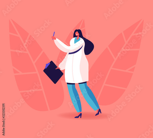 Female Doctor Endocrinologist in Medical Robe Holding Clipboard and Pen Stand in Clinic Chamber. Hospital Healthcare Staff at Work. Medicine Profession, Occupation. Cartoon Flat Vector Illustration