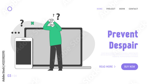 Computer Education for Aged People Website Landing Page. Senior Man near Huge Laptop and Smartphone Trying to Figure Out with New Technology Web Page Banner. Cartoon Flat Vector Illustration, Line Art
