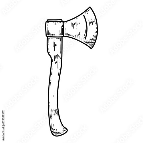 Illustration of lumberjack hatchet in engraving style. Design element for logo, label, sign, emblem, poster. Vector illustration photo