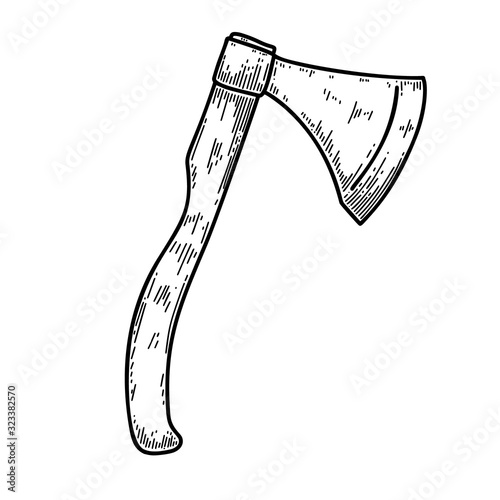 Illustration of lumberjack axe in engraving style. Design element for logo, label, emblem, sign, badge. Vector illustration