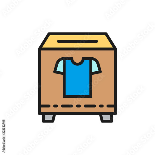 Clothing donation box, charity, volunteering flat color line icon.