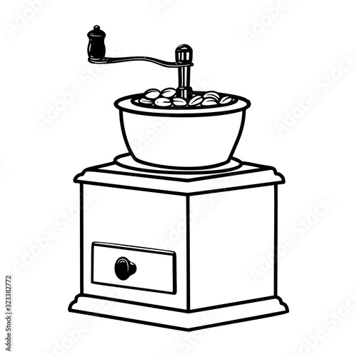Illustration of coffee mill in line style. Design element for logo, label, emblem, sign, badge. Vector illustration