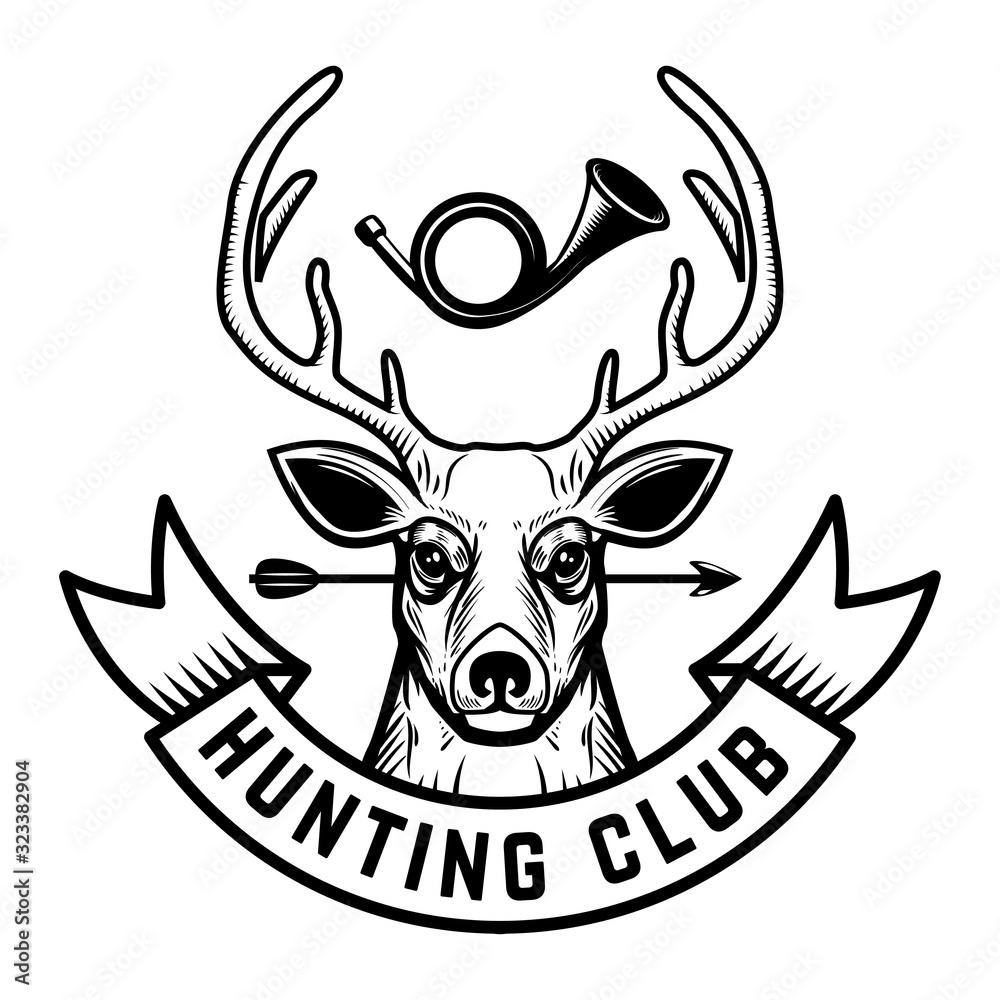 Fototapeta premium Emblem template of hunting emblem with deer head. Design element for logo, label, sign, poster, t shirt. Vector illustration