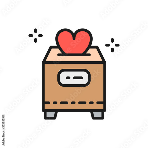 Box with donations, Valentine day, charity, volunteering color line icon.