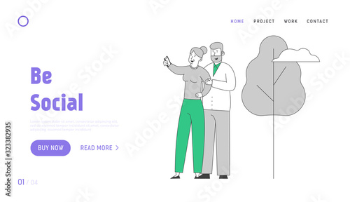 Senior People and Smart Devices Website Landing Page. Aged Couple Making Selfie on Nature Background. Elderly Man and Woman Have Fun Together Web Page Banner. Cartoon Flat Vector Illustration Line Art