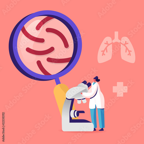 Tiny Doctor Watching to Microscope Learning Microbes and Checking Lungs Sputum on Pulmonology, Fibrosis Tuberculosis Pneumonia Bacteria and Germs, Cancer Diagnosis Cartoon Flat Vector Illustration