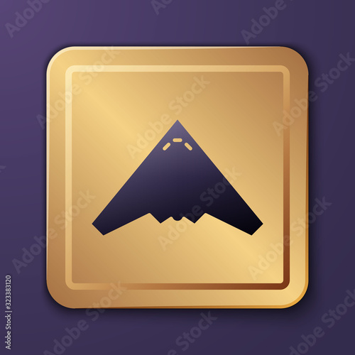 Purple Jet fighter icon isolated on purple background. Military aircraft. Gold square button. Vector Illustration