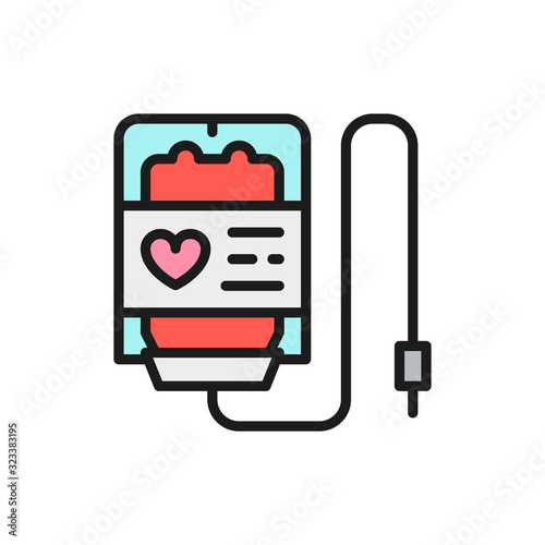 Blood donation, transfusion, volunteering, charity flat color line icon.