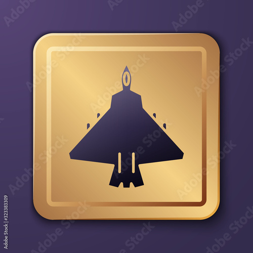 Purple Jet fighter icon isolated on purple background. Military aircraft. Gold square button. Vector Illustration