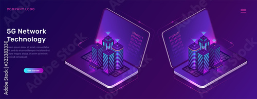 5G network technology, isometric concept vector illustration. Smart city, buildings with symbol wireless internet, open laptop icon isolated on ultraviolet background. High speed internet web page