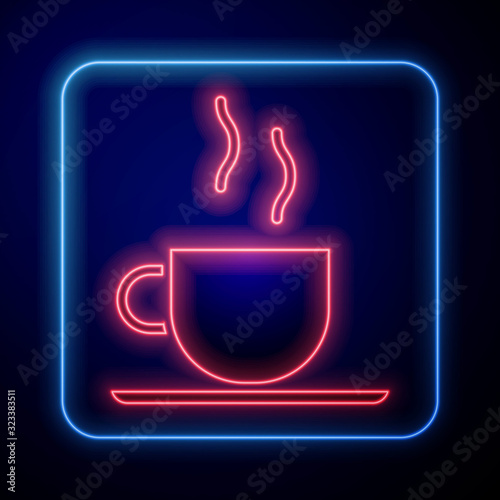 Glowing neon Coffee cup icon isolated on blue background. Tea cup. Hot drink coffee.  Vector Illustration