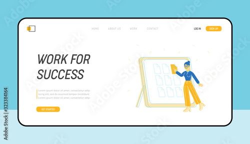 Electronic Document Management in Office Website Landing Page. Digital Data File Catalog. Business Woman at Tablet Pc with Folders on Screen Web Page Banner. Cartoon Flat Vector Illustration, Line Art
