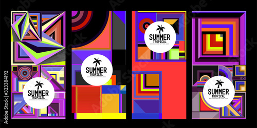 Vector summer tropical abstract geometric colorful background set for print, social media story, fabric, banner, and website. 
