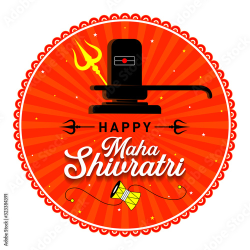 Happy Maha Shivrati Concept, Template, Banner, Logo Design, Icon, Poster, Unit, Label, Web, Symbol, Sign, Mnemonic with celebration in background. Shiv ling, Trishul and Damaru - Vector, Illustration