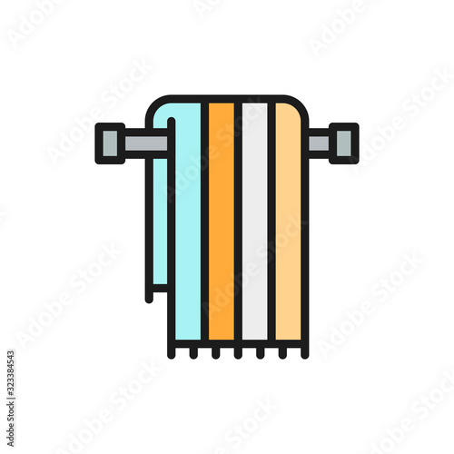 Large bath towel on holder flat color line icon.