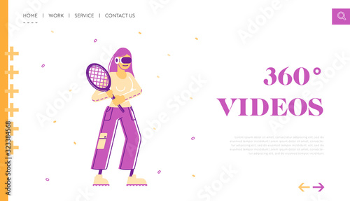 Augmented Reality Entertainment, Website Landing Page. Woman in Sports Wear and Vr Goggles Holding Tennis Racket Play Virtual Sport Game Web Page Banner. Cartoon Flat Vector Illustration, Line Art