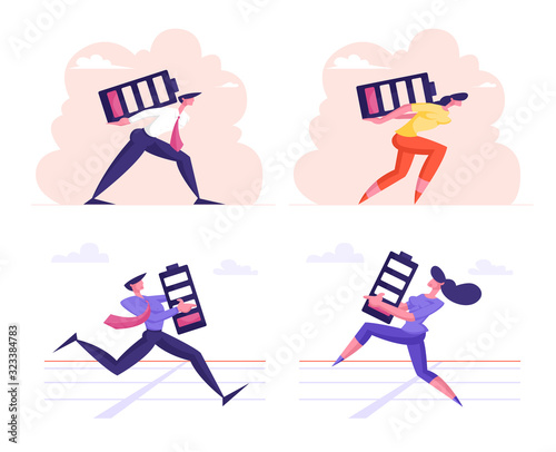 Set Business Race from the Last Force Concept. Exhausted Businesspeople Run on Stadium with Huge Battery with Red Low Energy Indicator in Hands Trying to Reach Finish. Cartoon Flat Vector Illustration