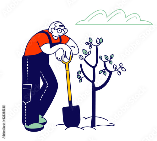 Male Pensioner Planting Tree. Aged Man in Overalls with Shovel Care of Plant. Active Old Man Gardening Hobby, Senior Grandfather Gardener Working Outdoors. Cartoon Flat Vector Illustration, Line Art