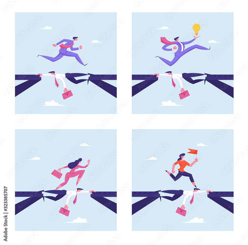 Set of Social Climber Careerist Reach Goal. Business People Overcome Abyss Going by Back of Partner like on Bridge. Challenge, Businesspeople Manager Walk over Heads Cartoon Flat Vector Illustration Set of Social Climber Careerist Reach Goal. Business People Overcome Abyss Going by Back of Partner like on Bridge. Challenge, Businesspeople Manager Walk over Heads Cartoon Flat Vector Illustration