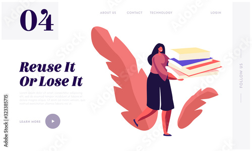 Paper Waste Sort, Recycle and Segregation Website Landing Page. Woman Carry Huge Pile of Wastepaper to Throw Garbage to Recycle Litter Bin, Trash Web Page Banner. Cartoon Flat Vector Illustration